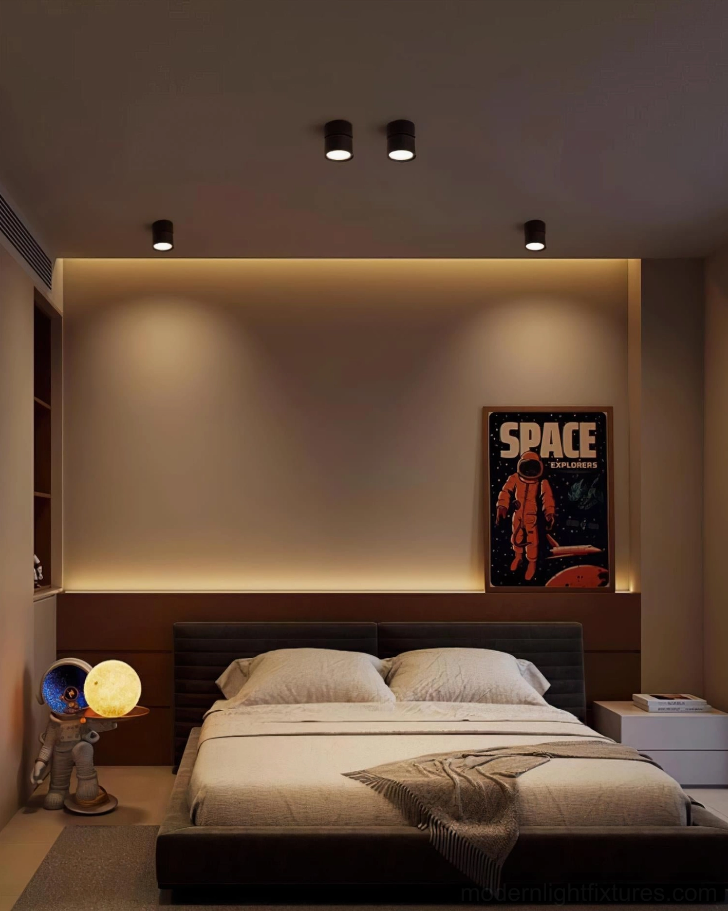 Multiple black surface ceiling spotlights in luxury modern living room - professional directional accent lighting for contemporary homes