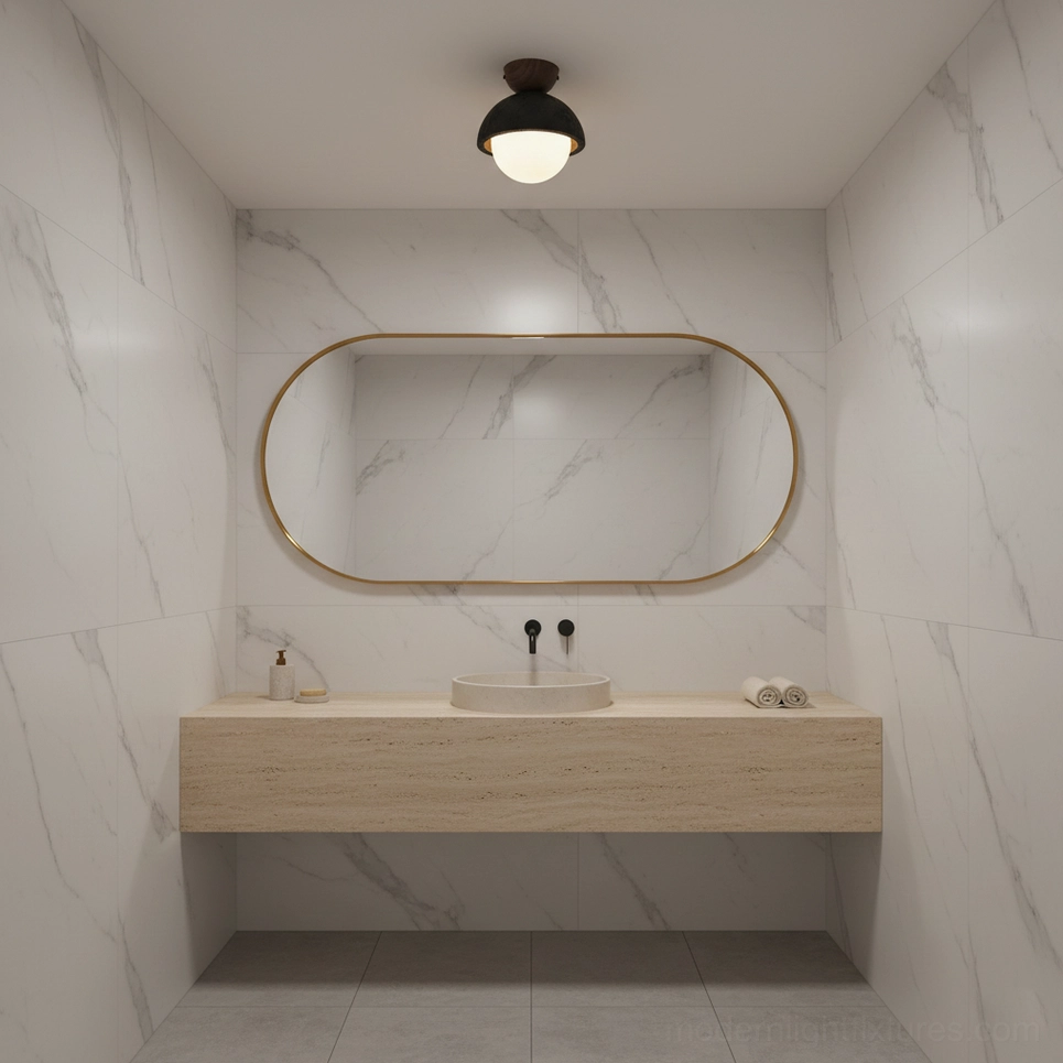 Modern travertine dome ceiling light in luxury marble bathroom with gold accents