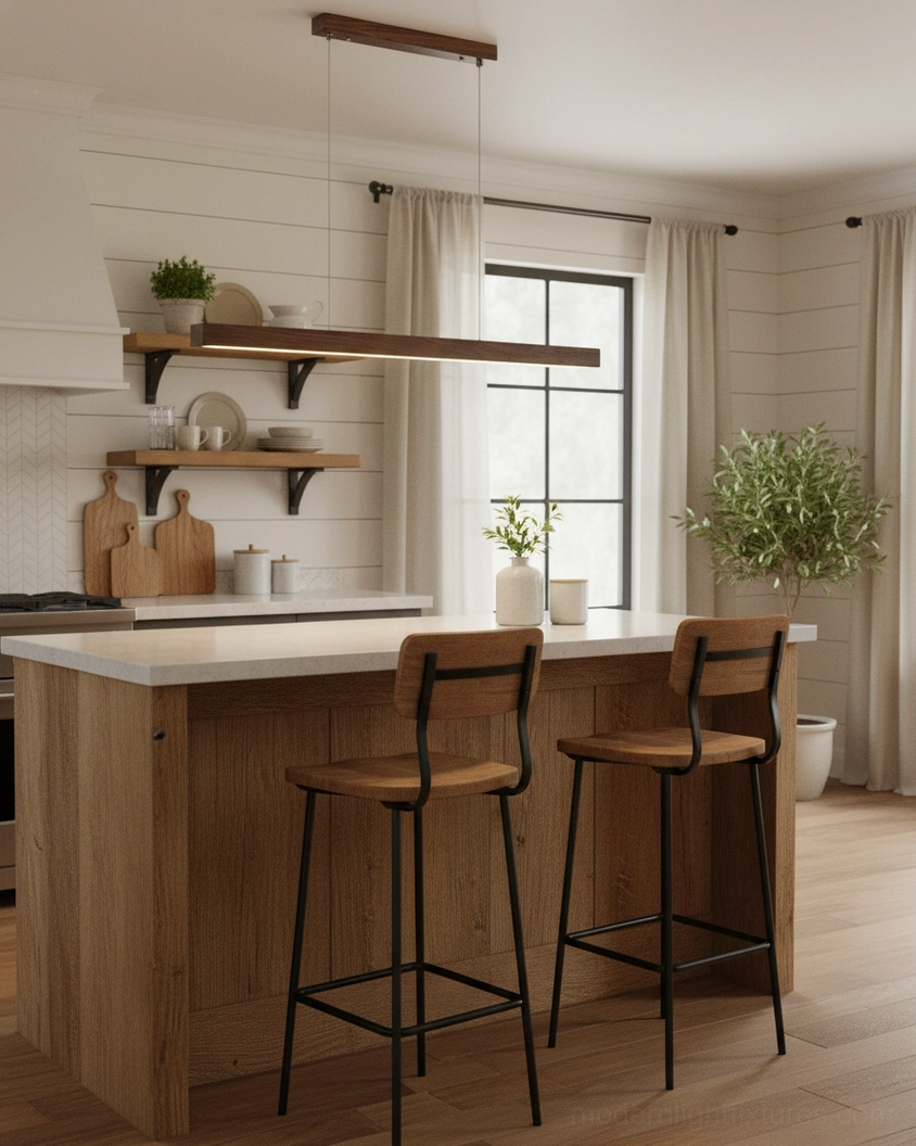 Premium walnut linear pendant chandelier with metal suspension system in luxury minimalist interior setting