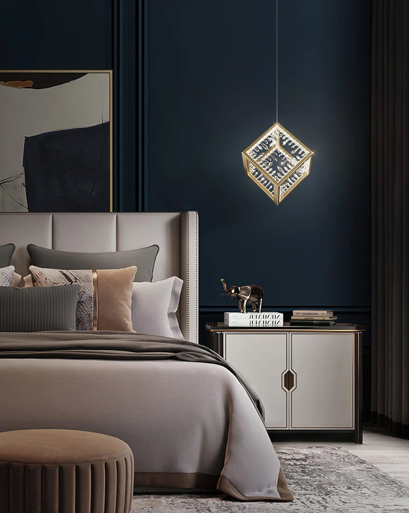 Luxury gold cube pendant light fixture in minimalist modern home interior decor
