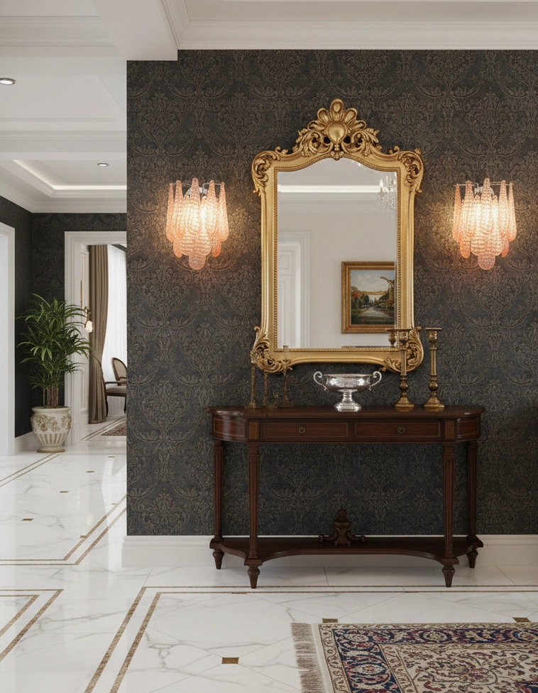 Pair of luxury glass wall sconces flanking gilded mirror in neoclassical foyer entryway