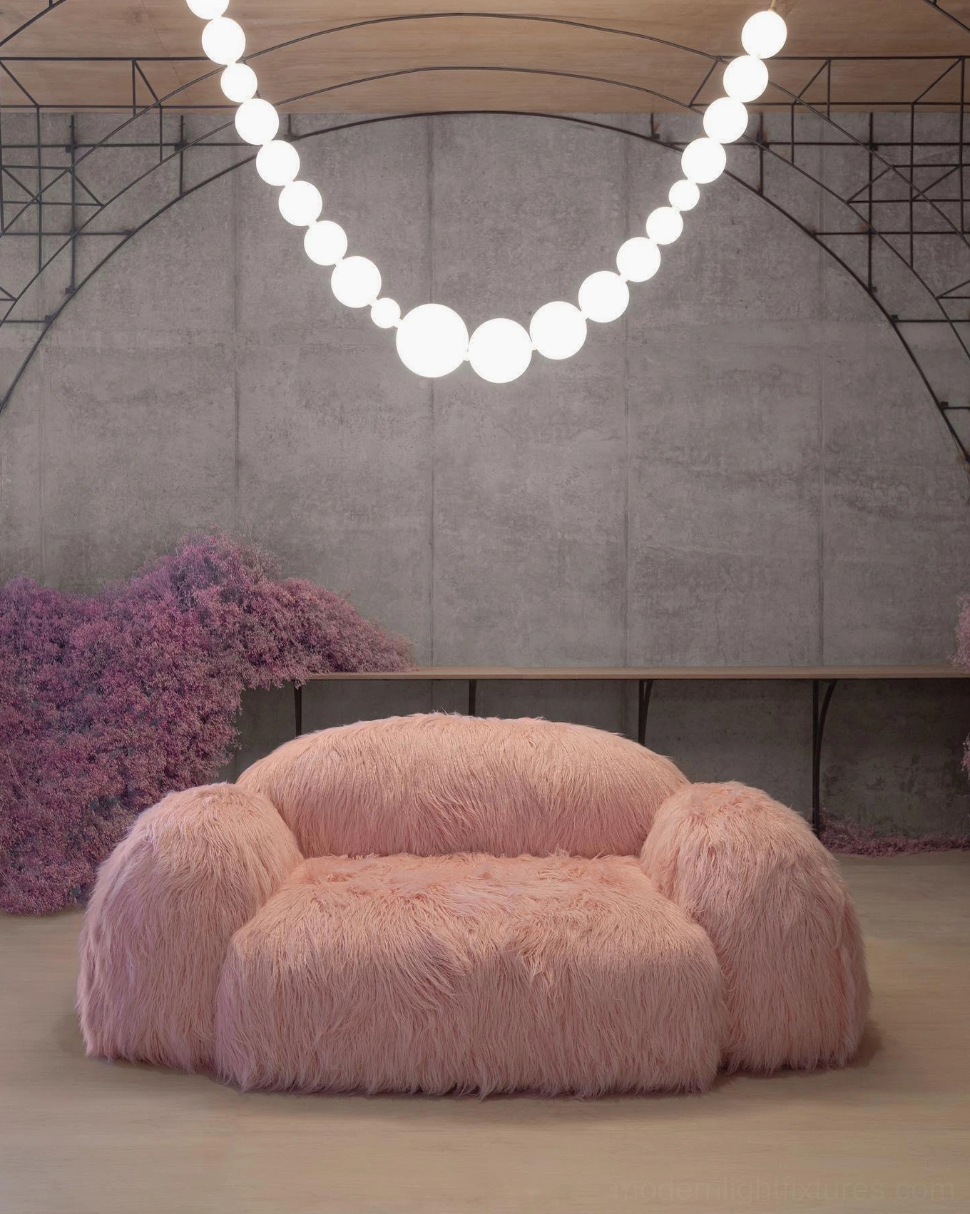 Contemporary luxury pearl necklace pendant light in minimalist architectural interior space