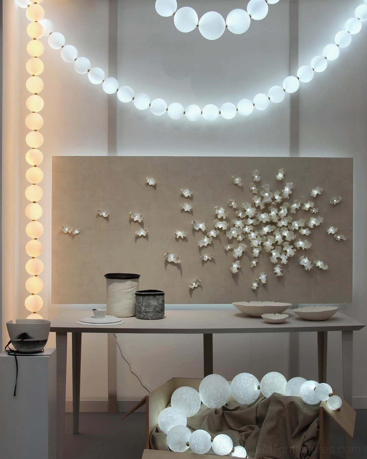Luxury pearl necklace chandelier with frosted white acrylic and brass metal framework