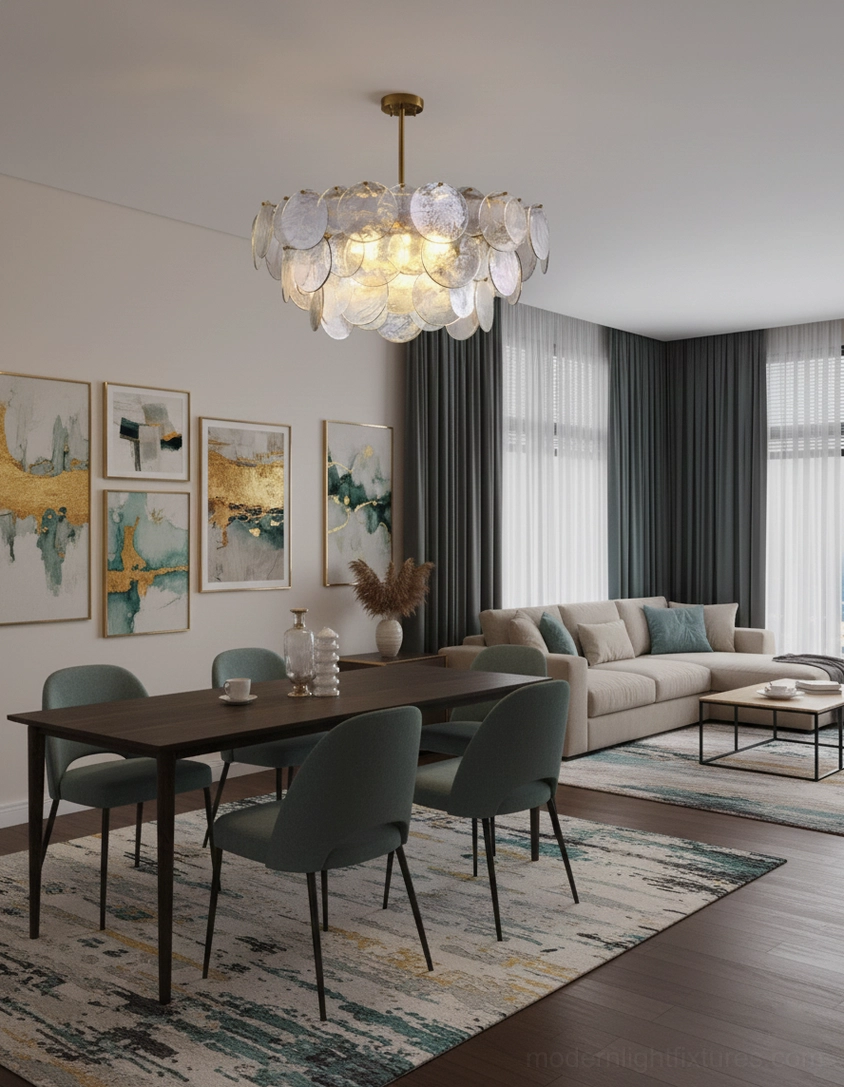 Brass and glass disc chandelier in open-plan luxury living and dining space with neutral interior palette