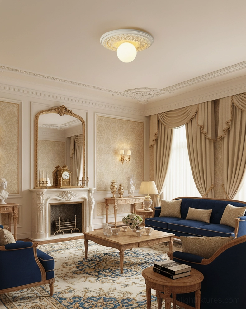 Modern resin flush ceiling light in luxury neoclassical living room with warm ornate carved base