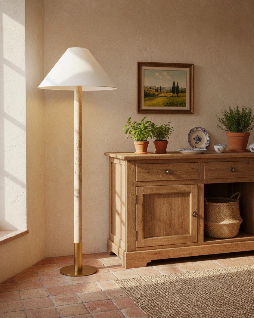 Luxury travertine floor lamp with warm gold metal accents and precision-tapered fabric shade, showcasing refined modern minimalist craftsmanship