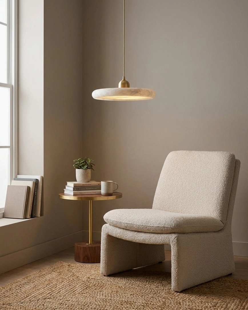 Lydia alabaster pendant lamp in cozy reading corner with accent chair, warm minimalist bedroom lighting design