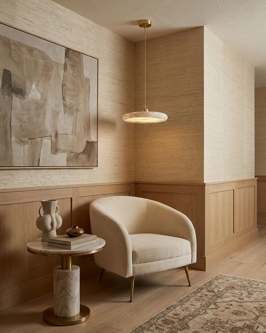 Lydia alabaster pendant lamp in accent seating area with wood paneled wall, warm neutral minimalist interior palette