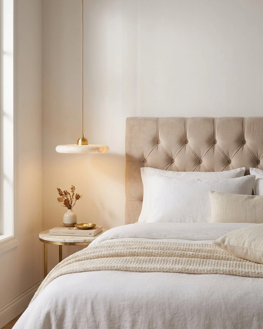 Lydia alabaster pendant lamp suspended above master bedroom bedside, tufted bed with warm cozy lighting aesthetic