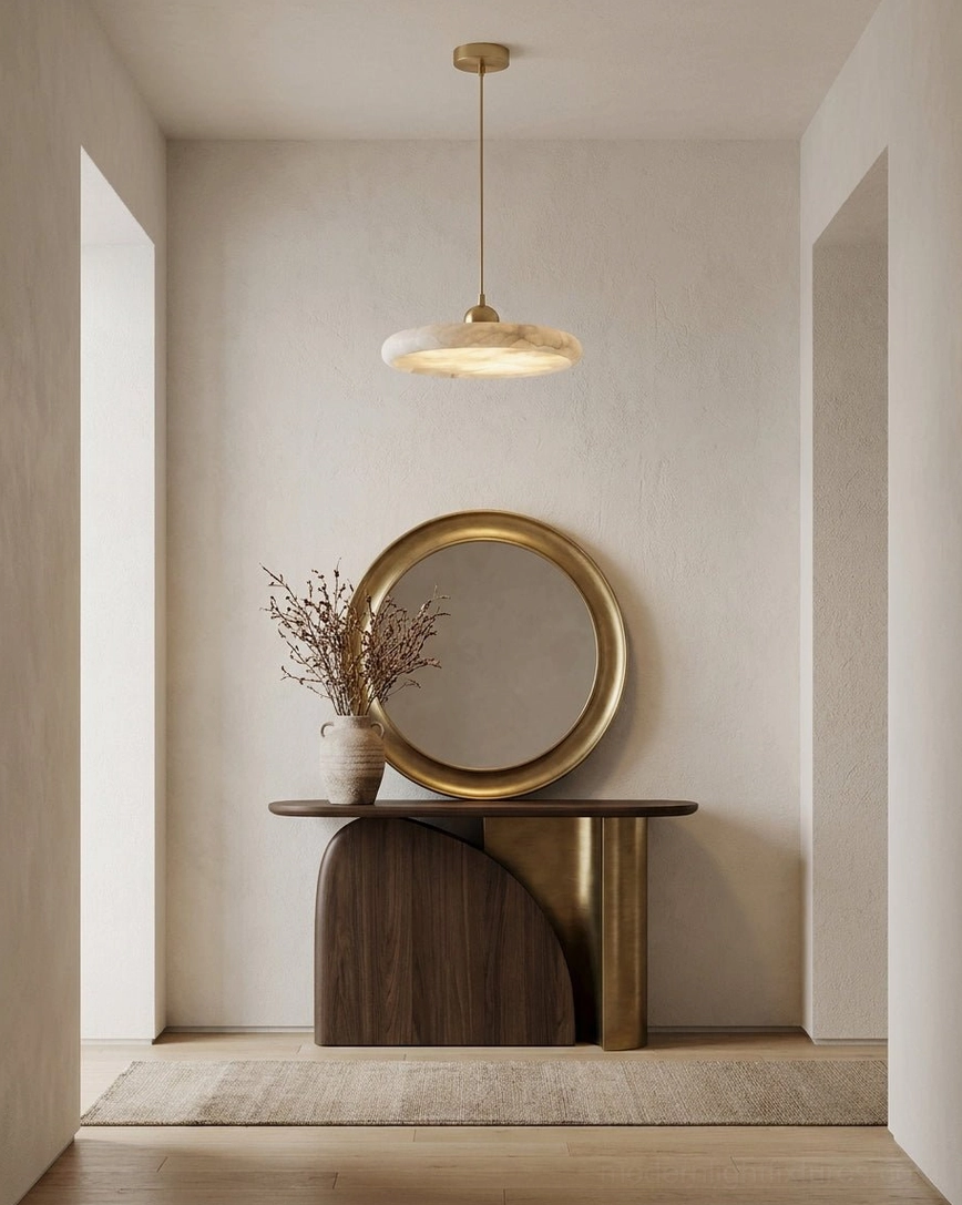 Lydia alabaster pendant lamp in entryway with round mirror console, brass gold accent lighting sophisticated foyer design