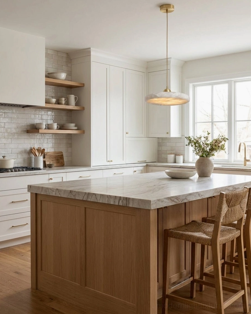Lydia alabaster pendant lamp above wooden kitchen island with white cabinetry and marble countertop, ambient warm lighting