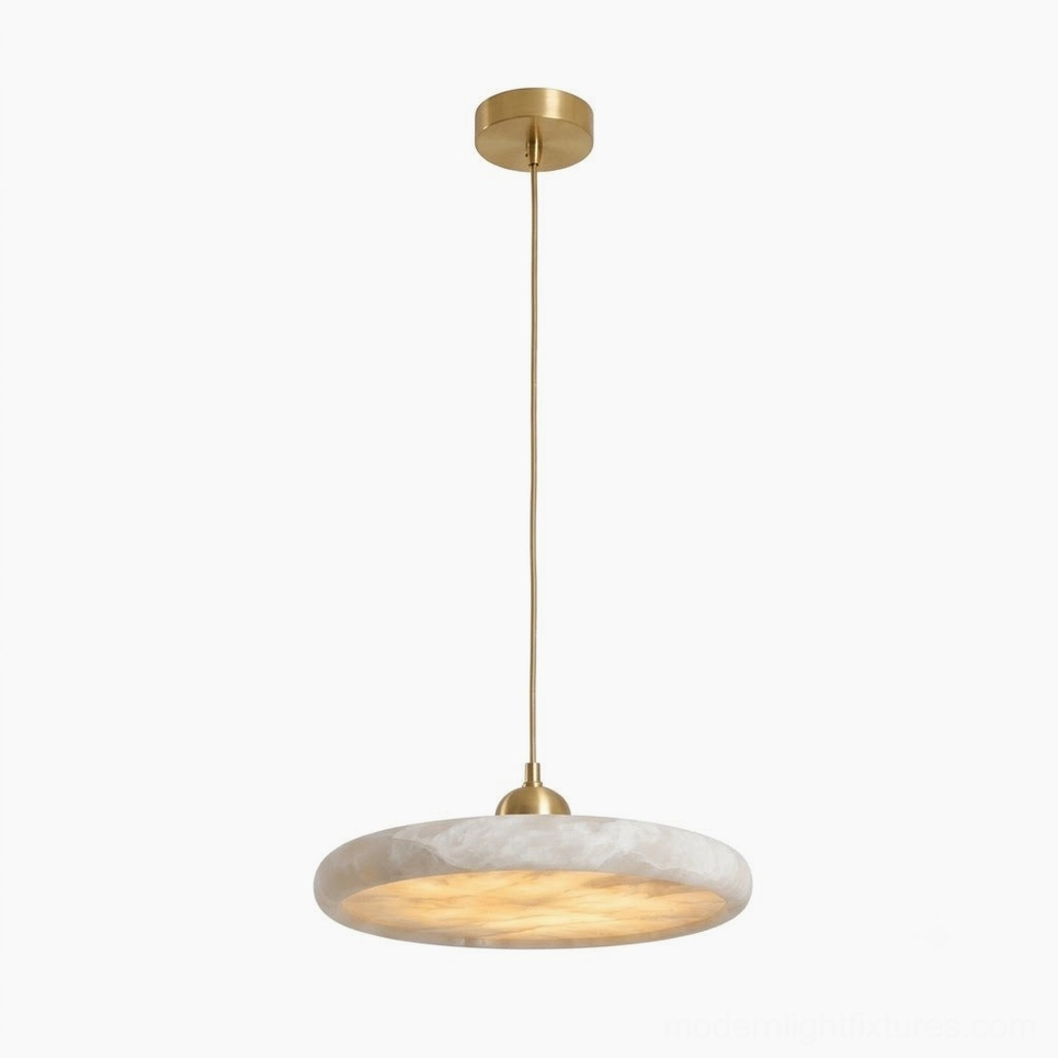 Lydia alabaster pendant lamp full fixture overhead angle showing brass cap, natural stone backlit disc, and adjustable suspension cord