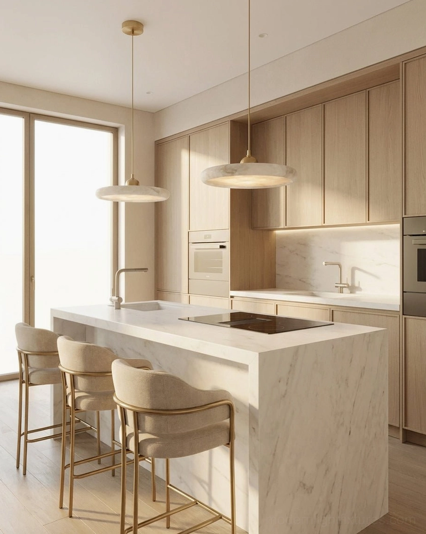 Two Lydia alabaster pendant lamps clustered above modern kitchen marble island, warm brass hardware complementing white cabinetry