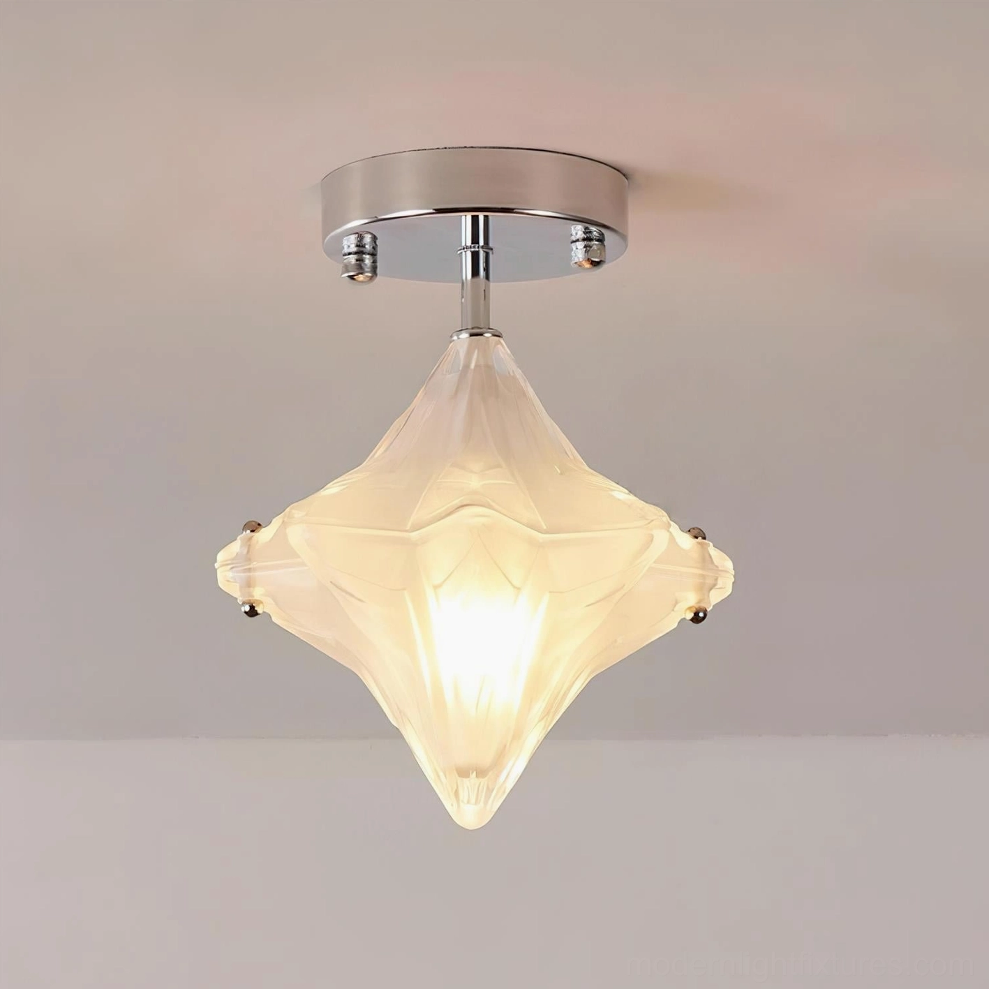Lyra star modern ceiling light fixture detail view showing frosted glass facets and chrome hardware construction