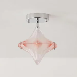 Lyra diamond star semi-flush ceiling light with transparent frosted pink glass and polished chrome hardware, close-up overhead view