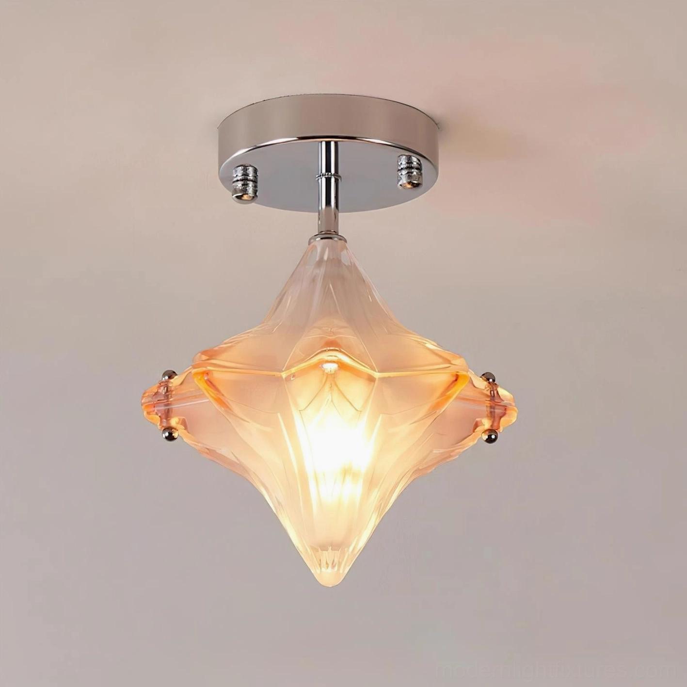 Lyra warm amber star semi-flush ceiling lamp with polished chrome base, fully illuminated close-up overhead view