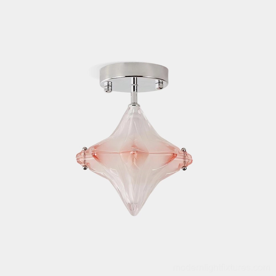 Lyra star shaped modern ceiling light fixture with gradient pink frosted glass and polished chrome mount, front overhead view