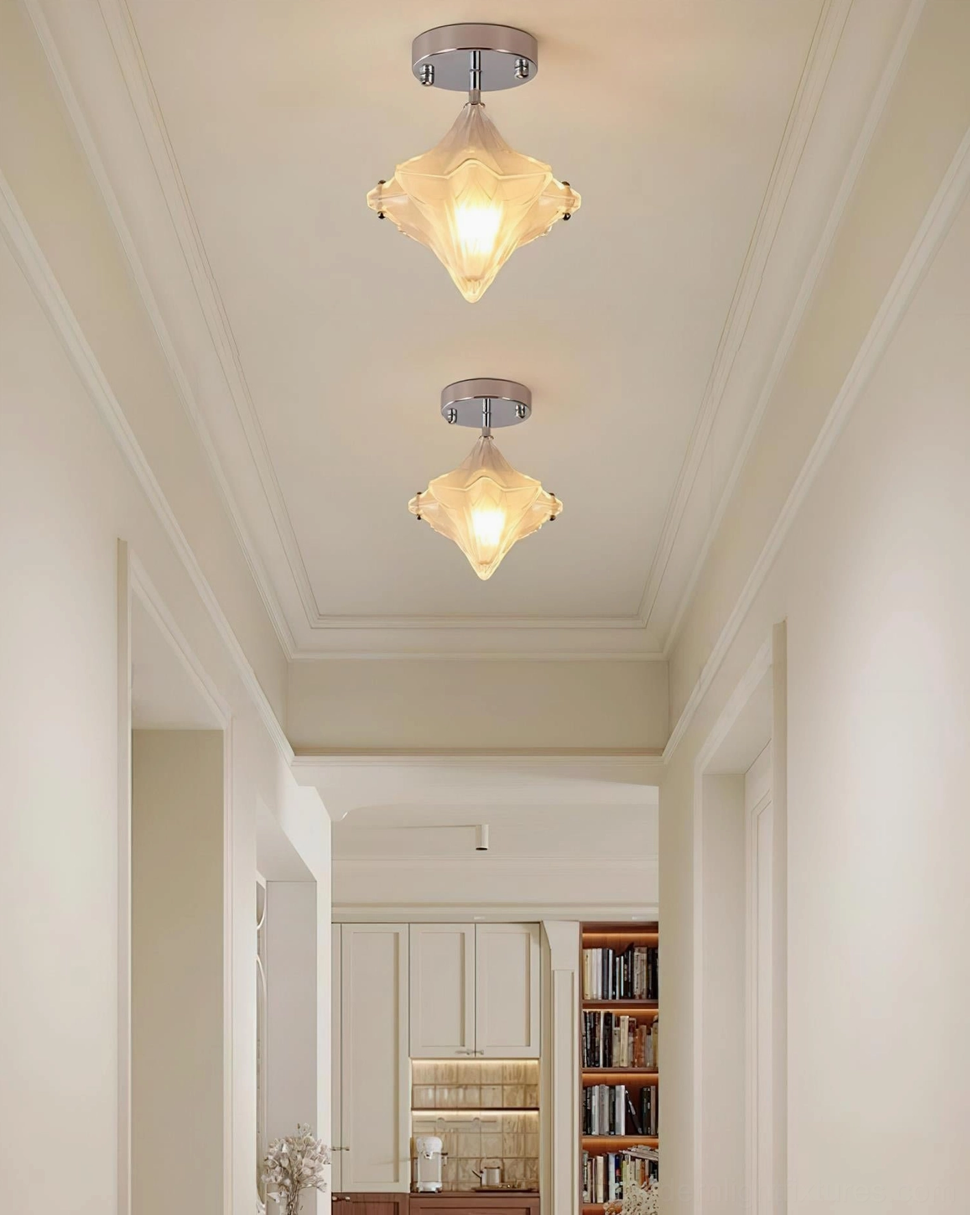 Multiple Lyra star ceiling lights installed in residential hallway with matching amber shades and warm ambient lighting
