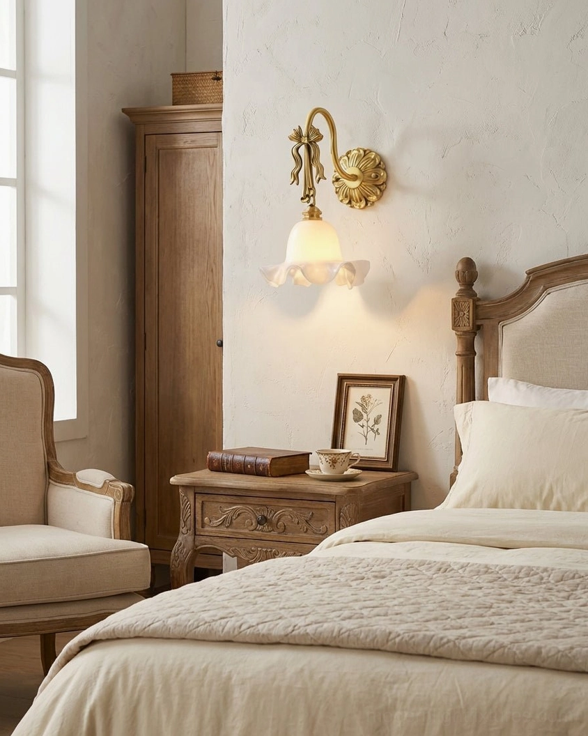 Lysette brass wall sconce bedside lighting with warm ambient glow illuminating traditional bedroom with linen bedding and wooden frame