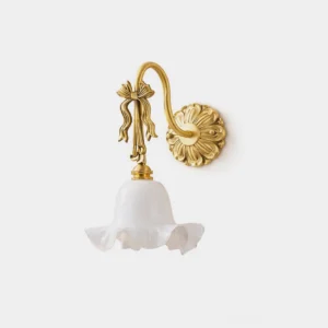 Lysette vintage brass wall sconce with fluted white glass shade and ornate floral backplate, front product view on white background
