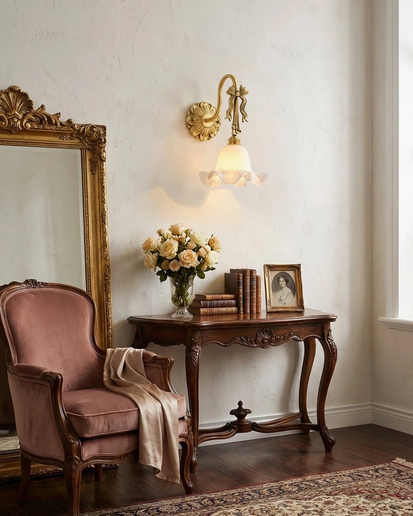 Lysette wall-mounted decorative sconce in vintage sitting vanity area with pink velvet armchair and carved wooden furniture