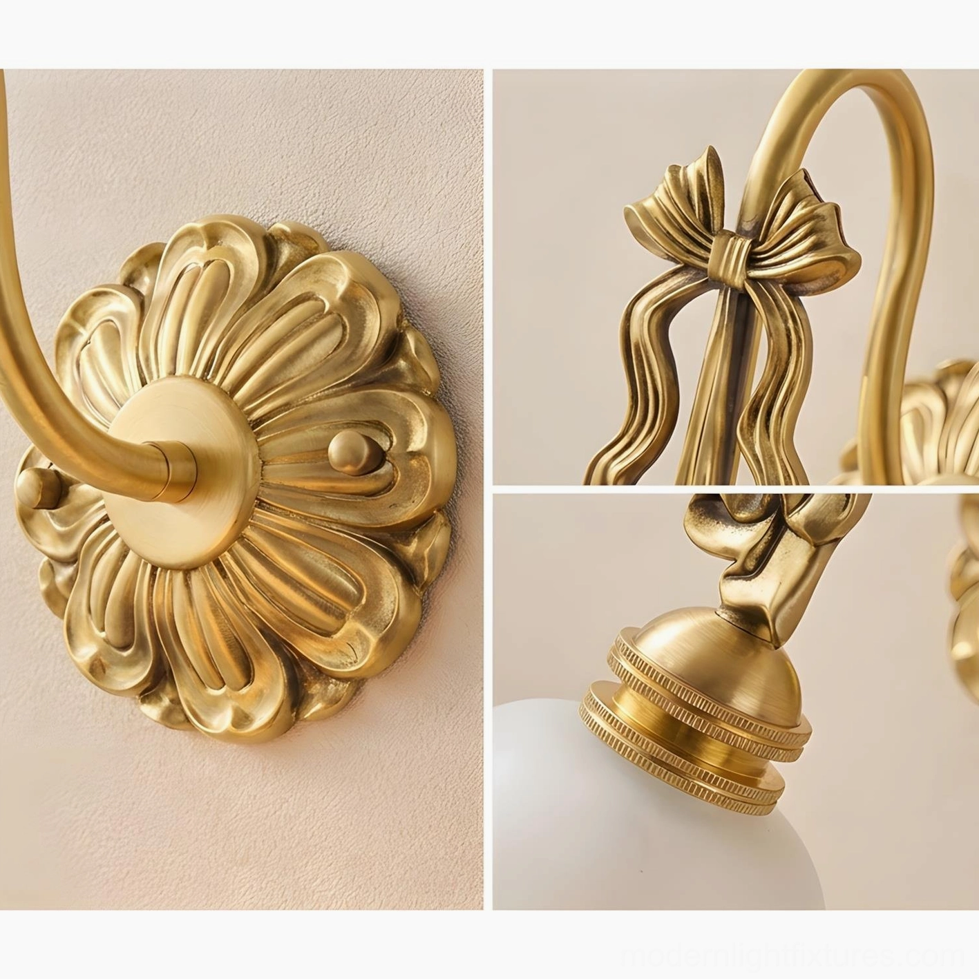 Lysette wall sconce close-up detail shots showing ornate floral brass backplate, signature bow joint, and glass shade mounting