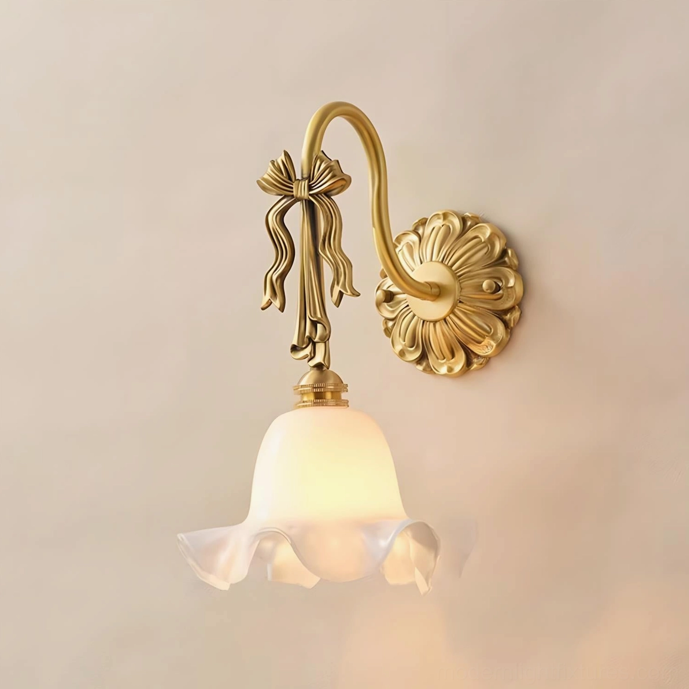 Lysette vintage brass wall sconce with delicate fluted white glass petal shade and curved arm, architectural lighting detail