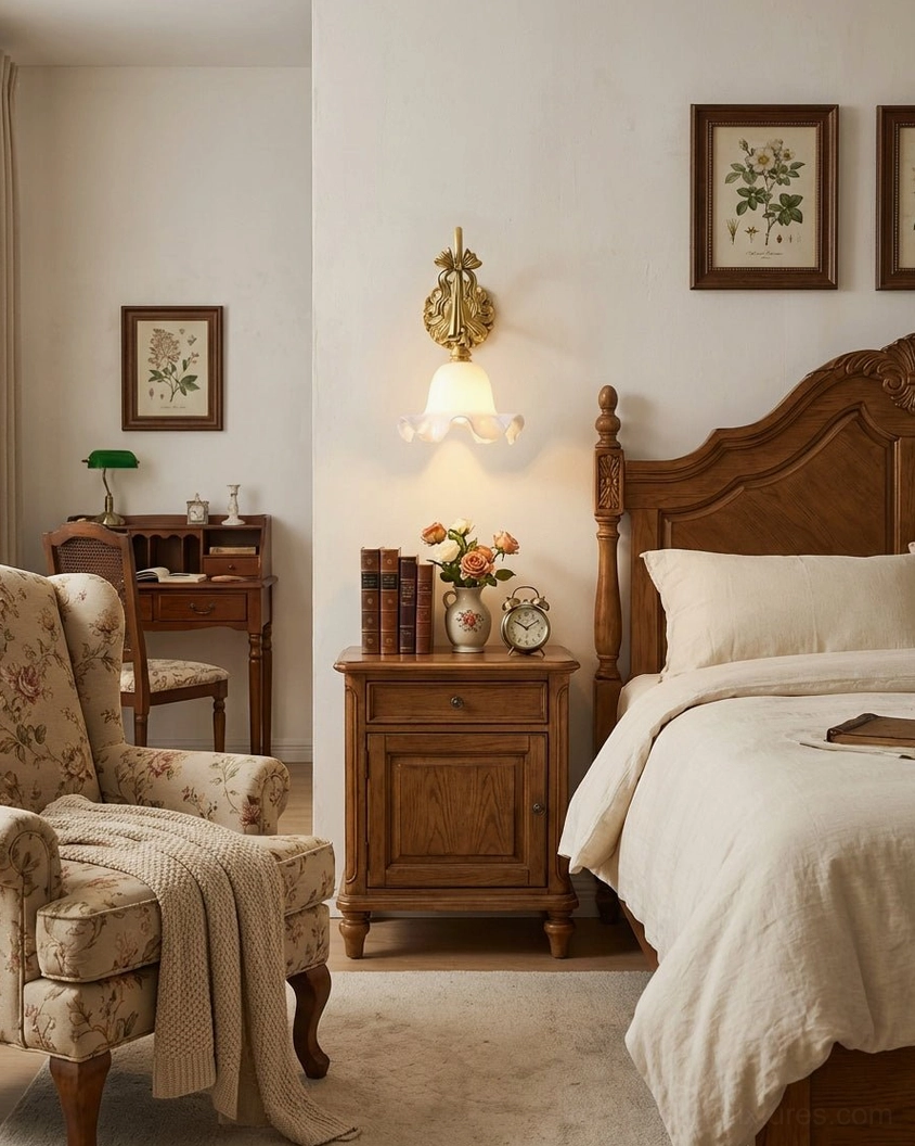 Lysette wall lamp mounted in classic vintage bedroom with wooden furniture and warm soft lighting creating intimate ambiance