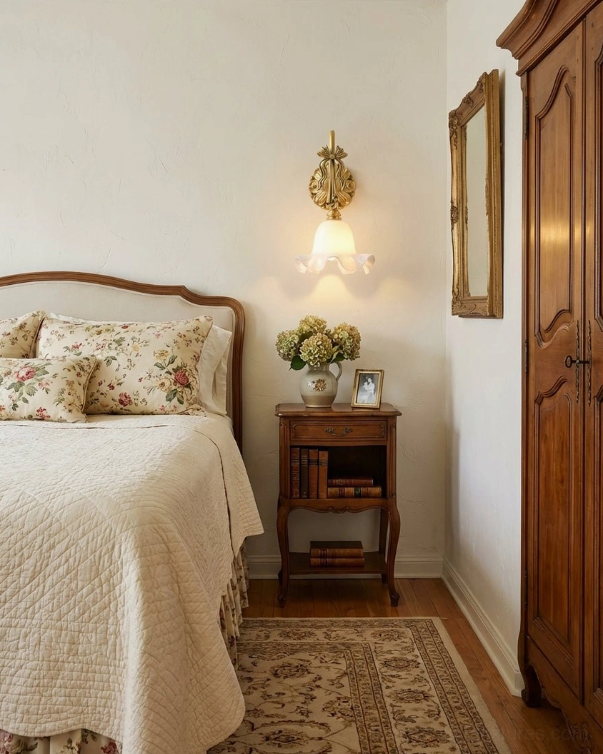 Lysette brass wall lamp creating French cottage ambiance in vintage bedroom with wooden wardrobe and neutral warm tones