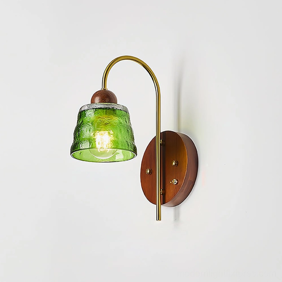Lysora wall sconce Model E, gold tone glass shade, brass arm, contemporary wall lighting