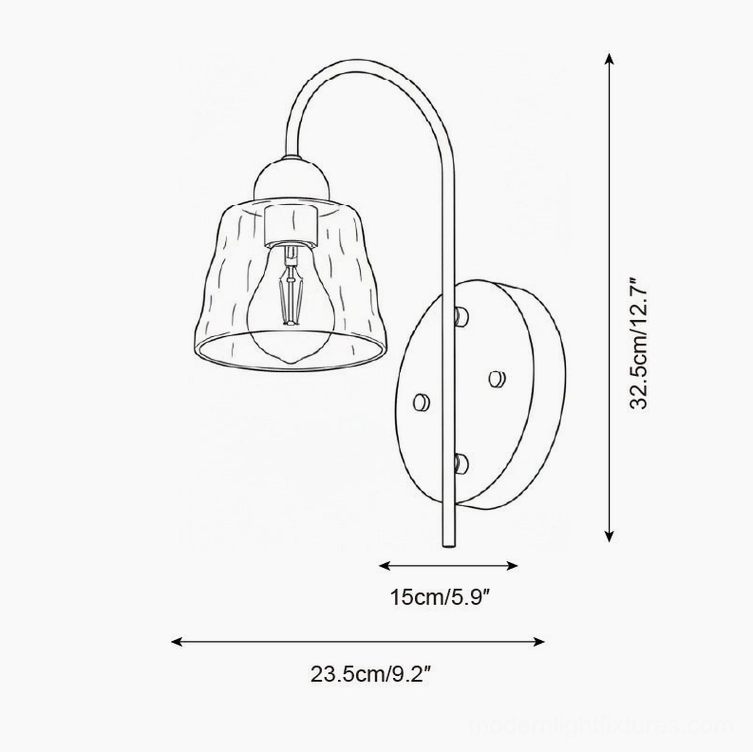 Lysora wall sconce technical illustration, flared glass shade, complete lamp assembly line drawing