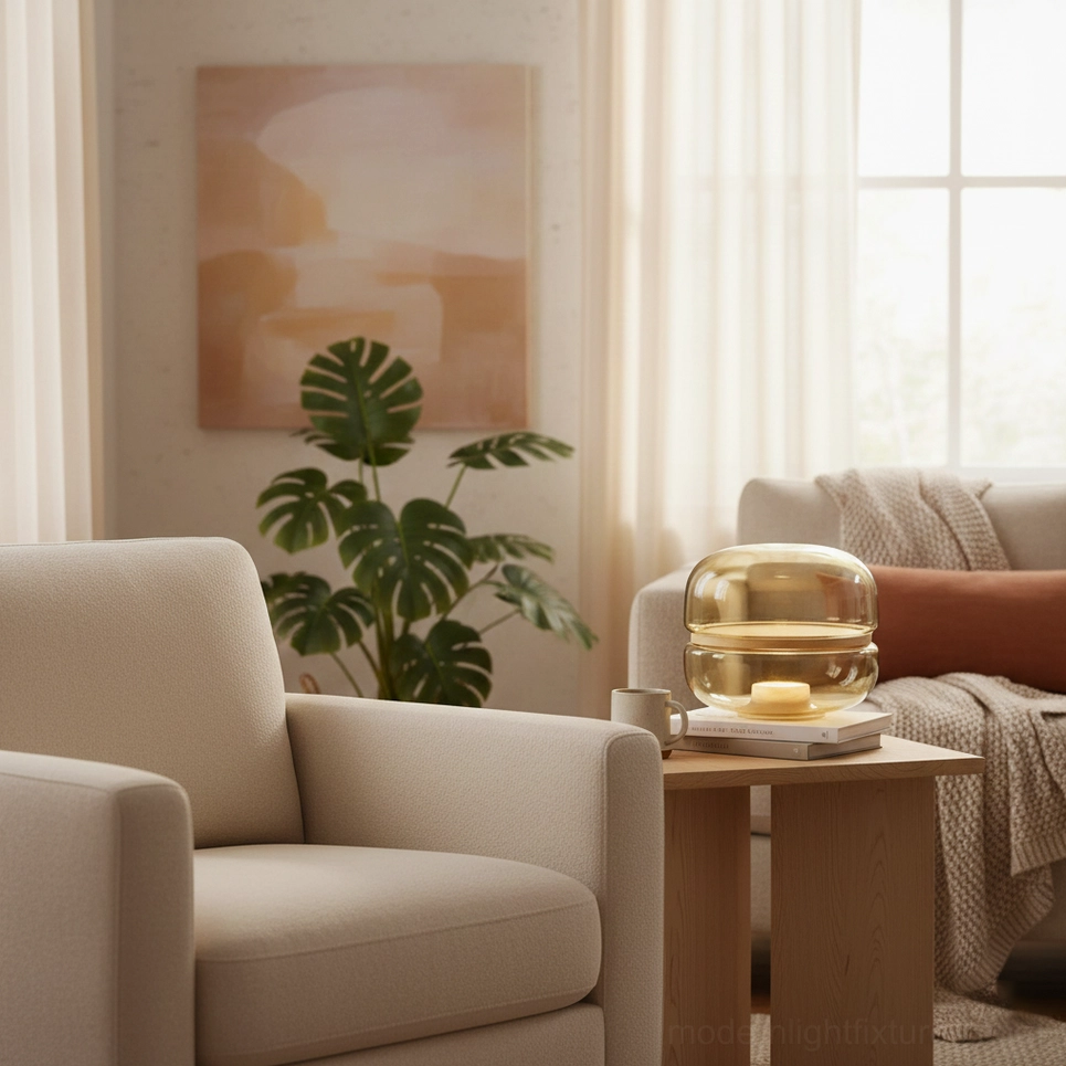Macaron amber-toned glass table lamp as accent light beside cozy armchair on side table in living room corner