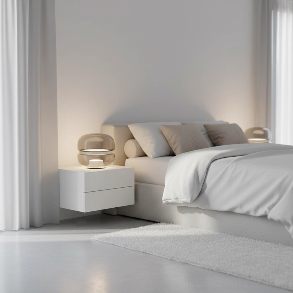 Modern Macaron table lamp compact size option showing proportions and luminous glass sphere lighting design