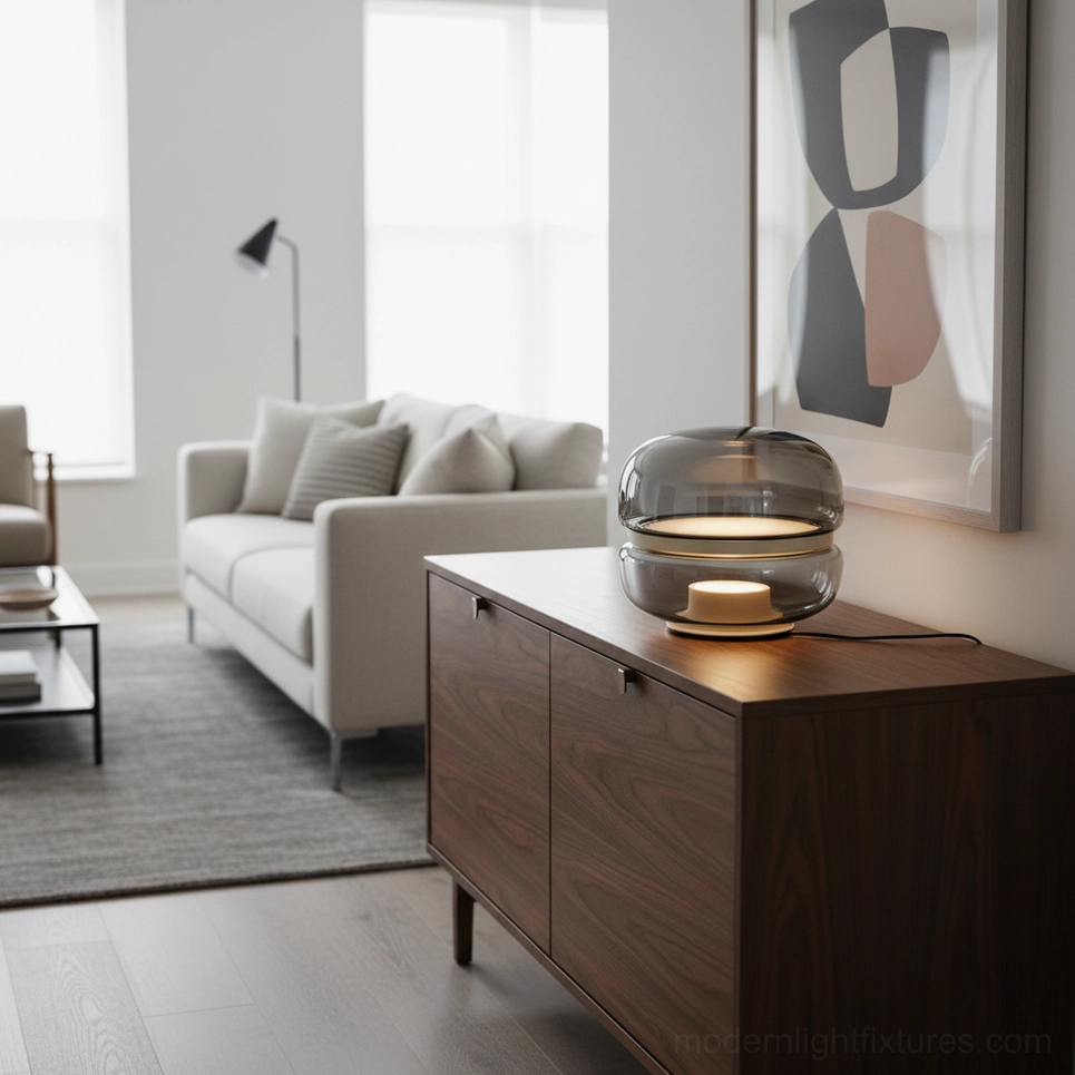 Macaron contemporary table lamp placed on dark wood side cabinet in modern living room with sofa and wall art