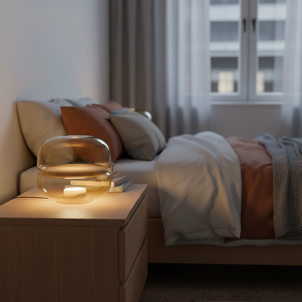 Macaron light amber glass table lamp creating warm bedside ambient lighting in modern master bedroom setup