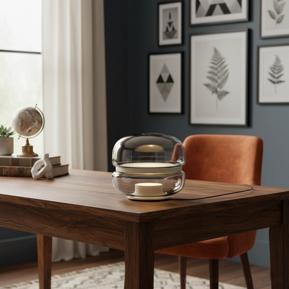 Smoke gray Macaron table lamp on dark wooden desk in home dining workspace showing atmospheric warm LED glow