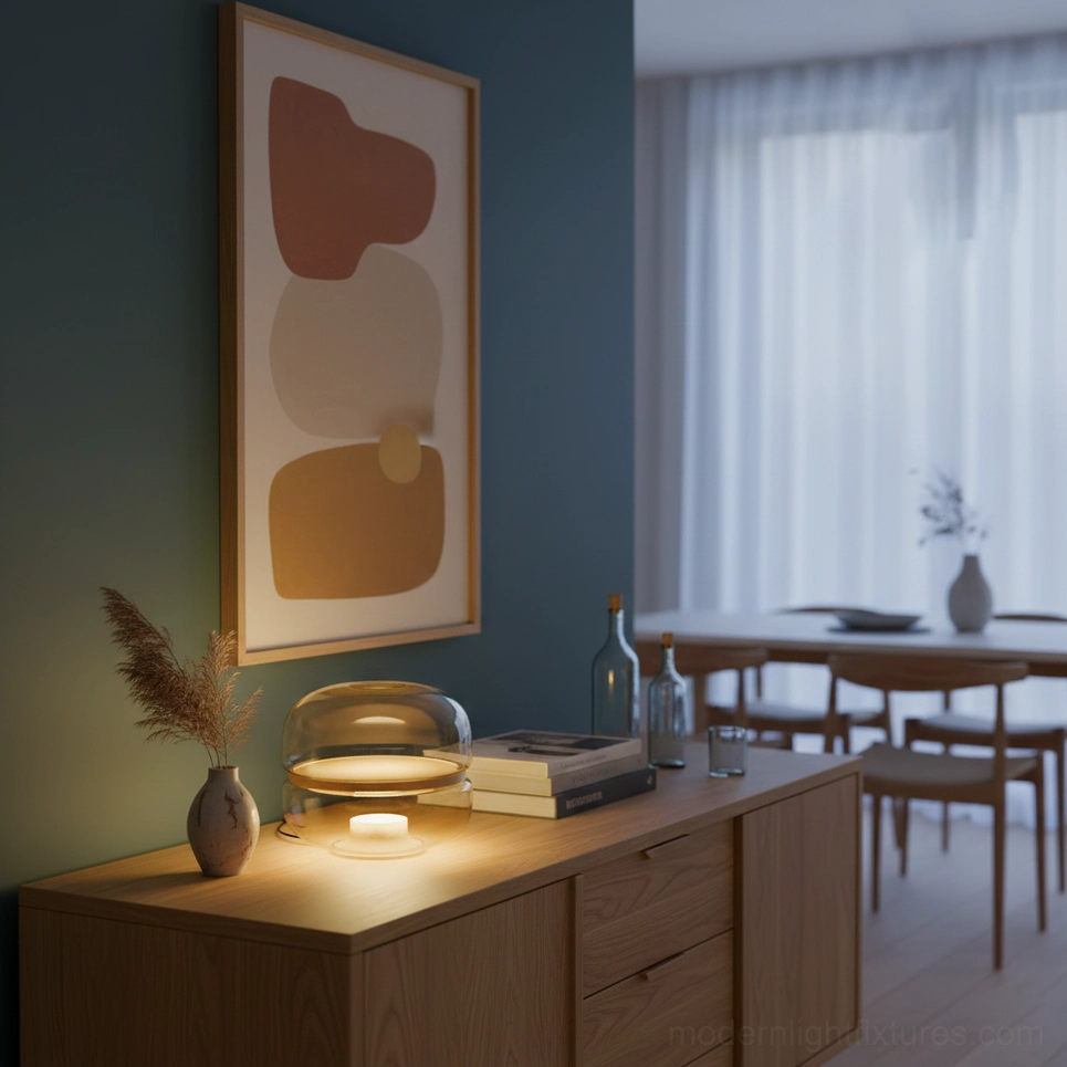 Macaron stone glass table lamp with handblown glass construction and integrated LED warm white 3000K lighting technology