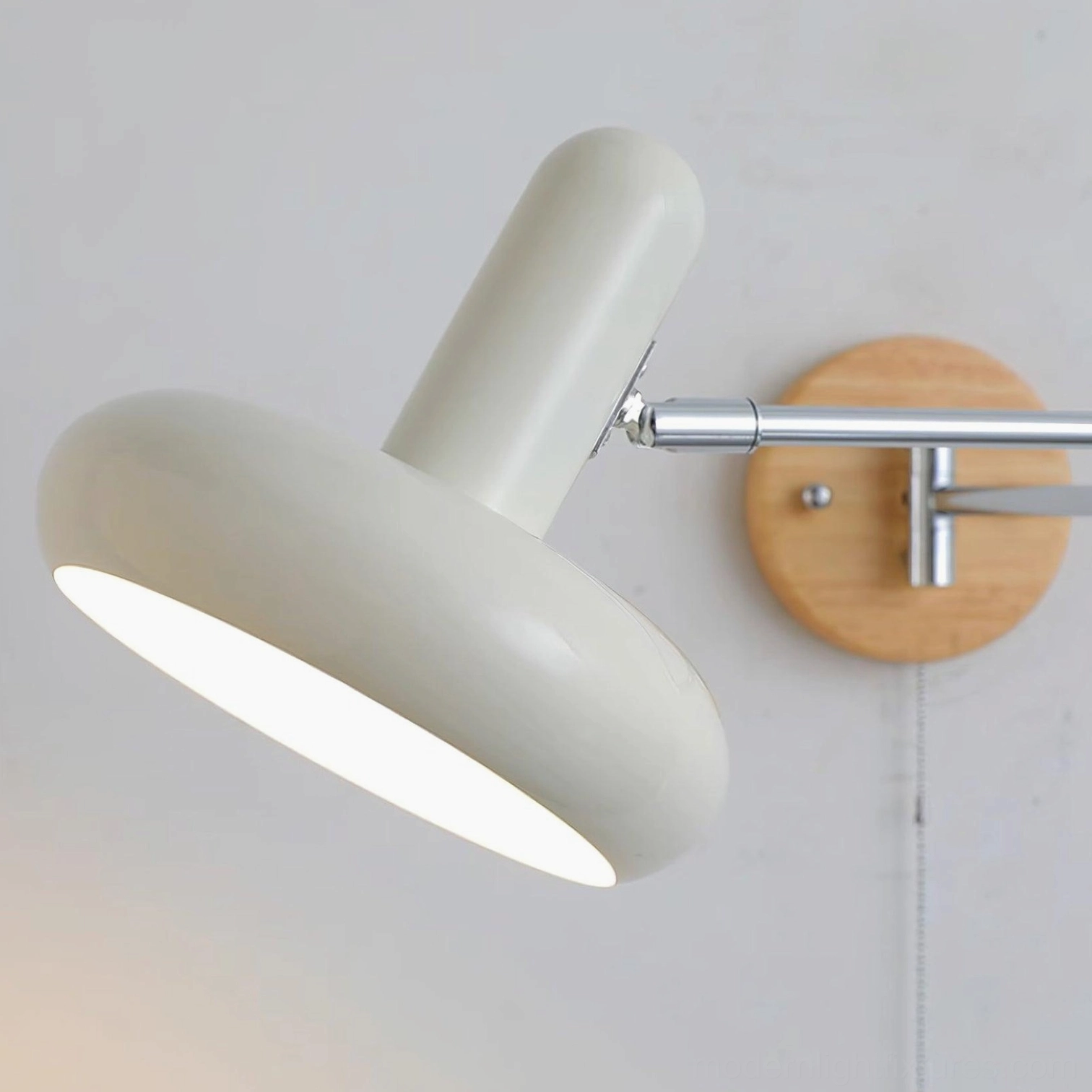 Maddie swing arm wall lamp showing wood color finish option with solid wood backplate and metal components