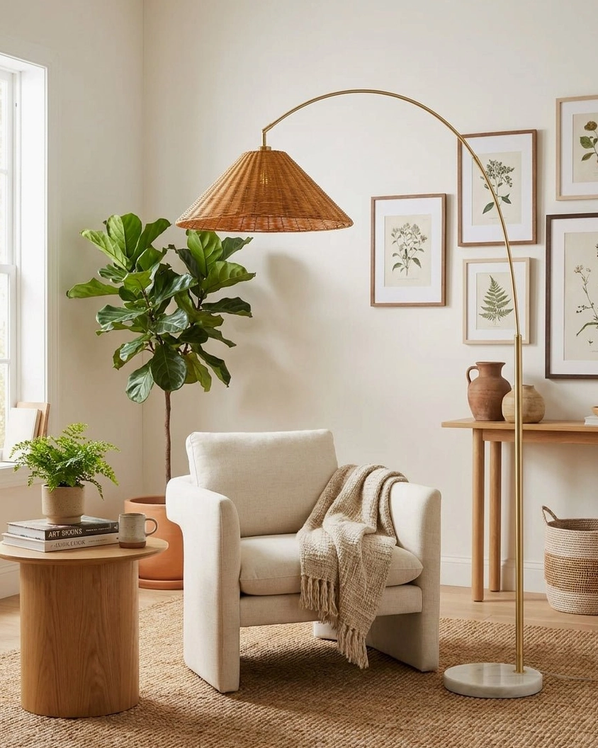 Madera arc floor lamp in coastal modern bedroom creating warm ambient overhead lighting above seating area