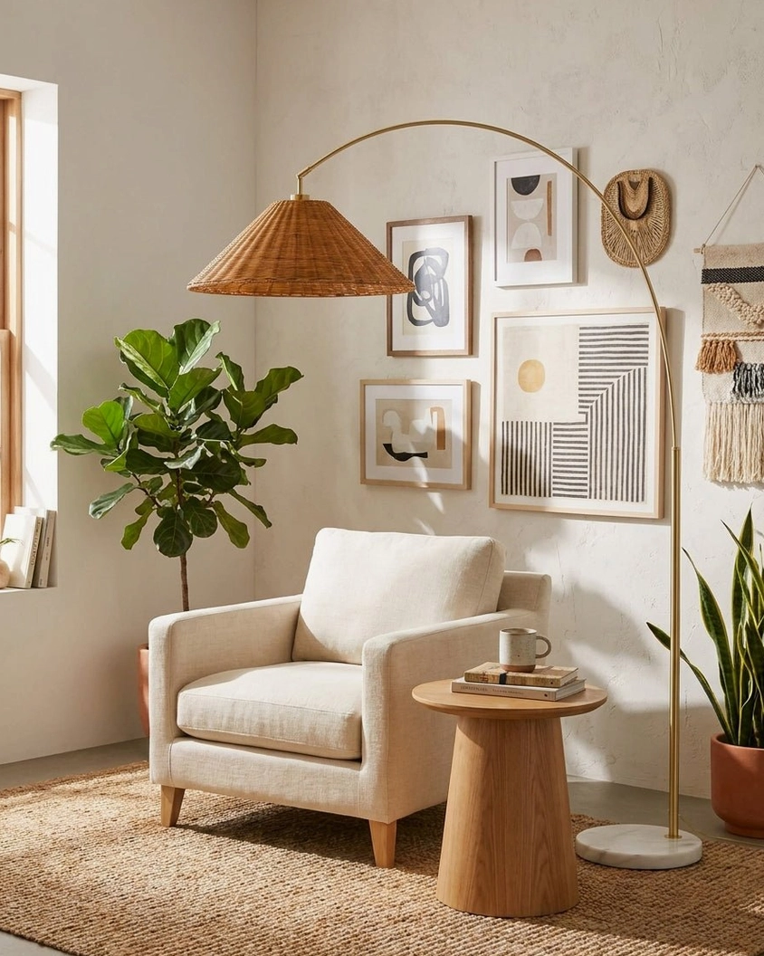 Madera arc floor lamp demonstrating cantilevered arc positioning showing how shade extends over furniture placement