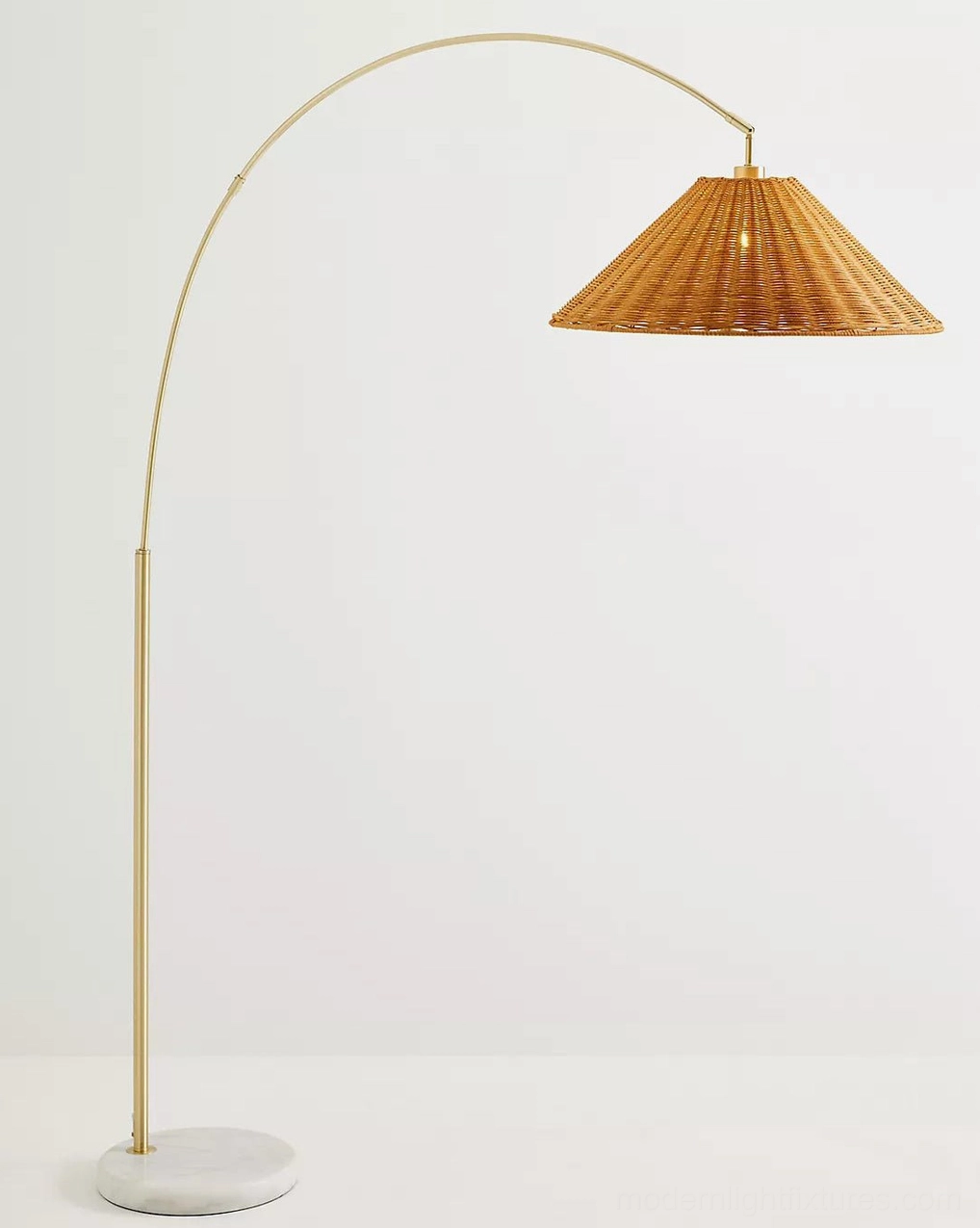 Madera arc floor lamp front flat view showing tapered rattan cone shade and white marble base - clean product photography