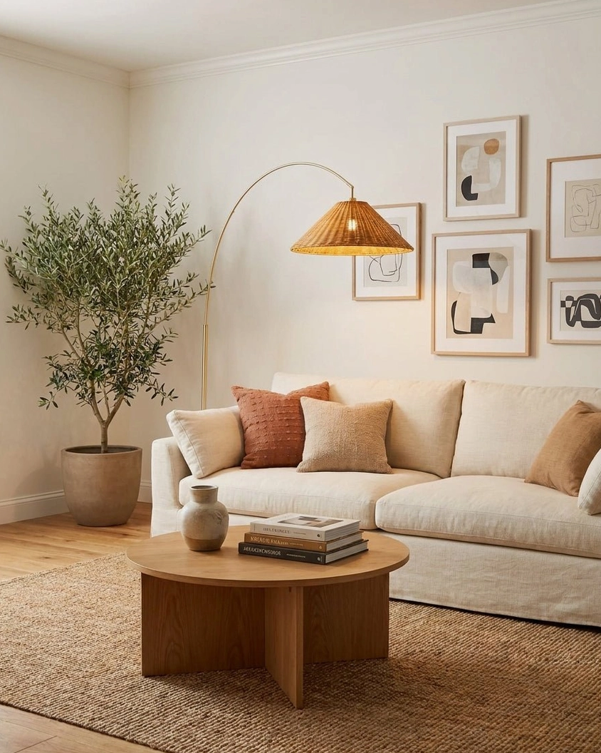 Madera arc floor lamp in spacious gallery-style living room above wooden coffee table with minimalist wall decor