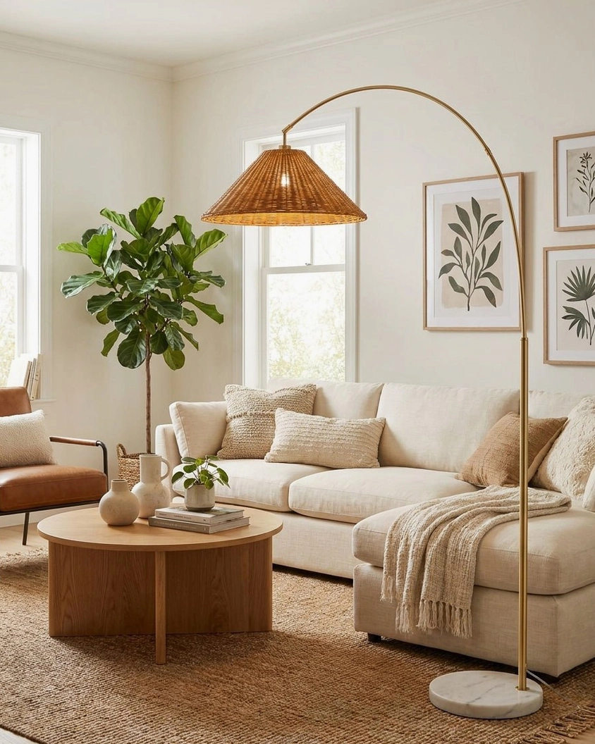 Madera arc floor lamp in contemporary L-shaped sofa living room with potted plant and botanical wall art