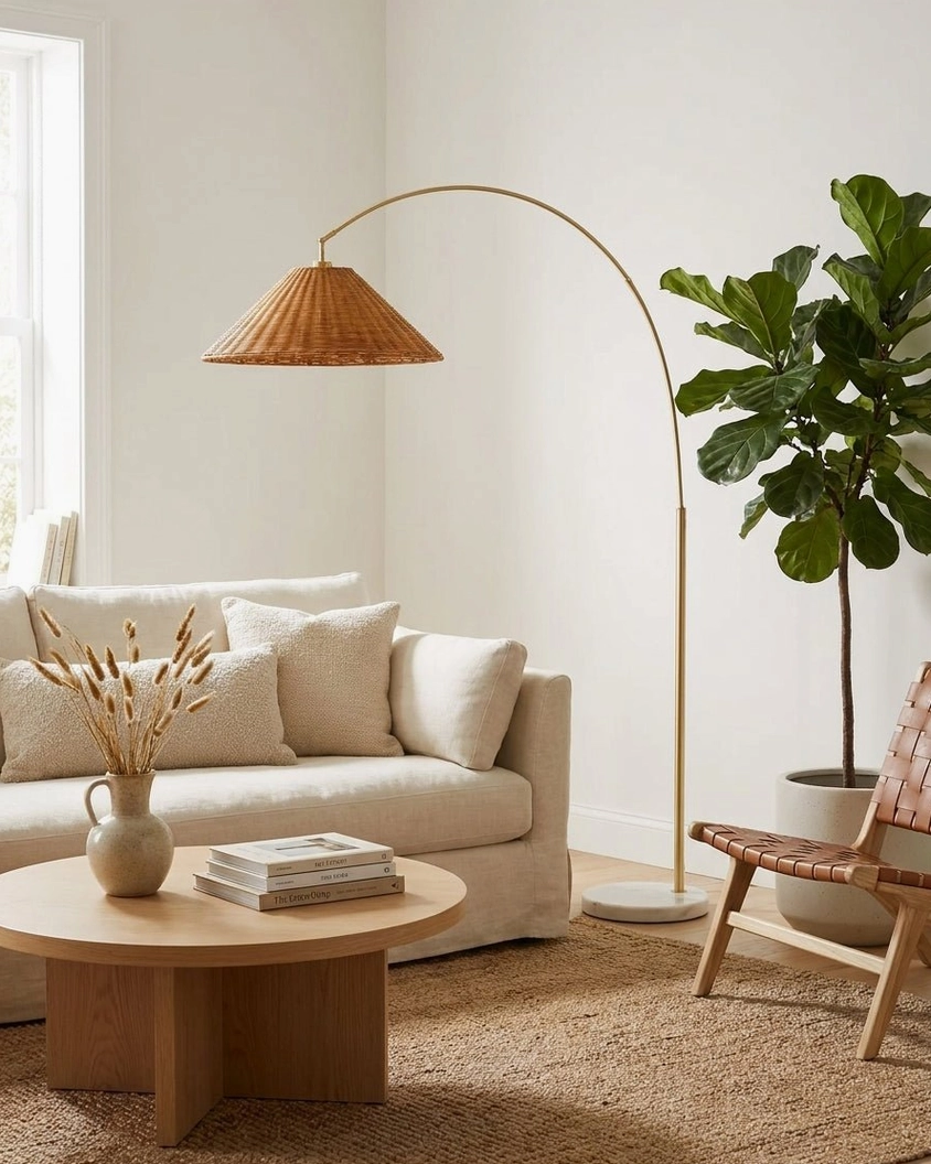 Madera arc floor lamp positioned in modern bohemian living room beside fabric sofa and round coffee table - interior styling