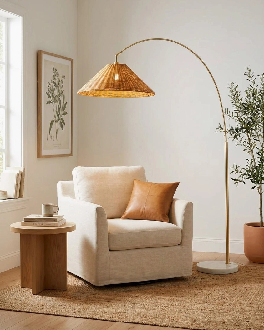 Madera arc floor lamp beside upholstered reading armchair with side table in cozy corner - accent lighting setup