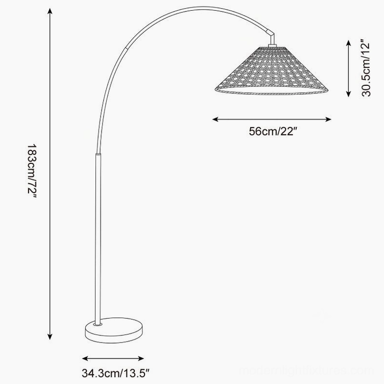 Madera arc floor lamp technical schematic showing dimensions and proportions - side orthographic view with measurements