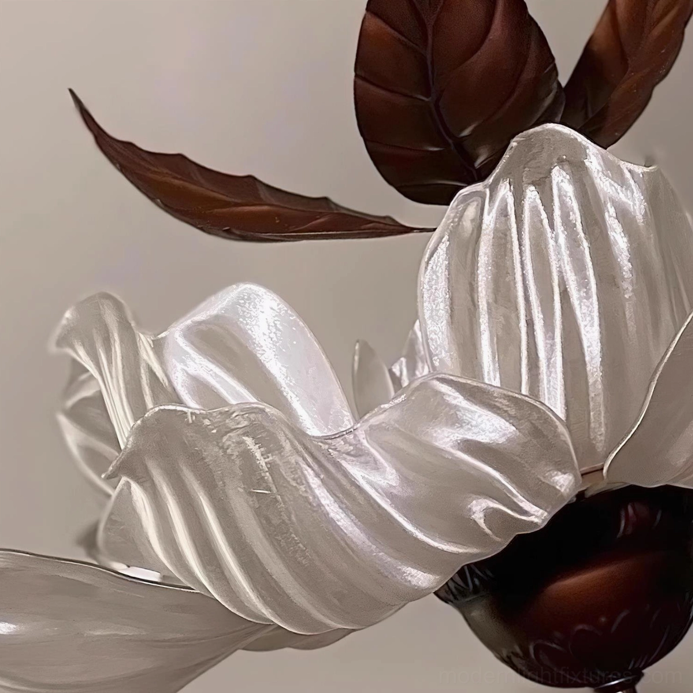 Magnolia Bloom petal chandelier close up showing acrylic shade craftsmanship and metal framework