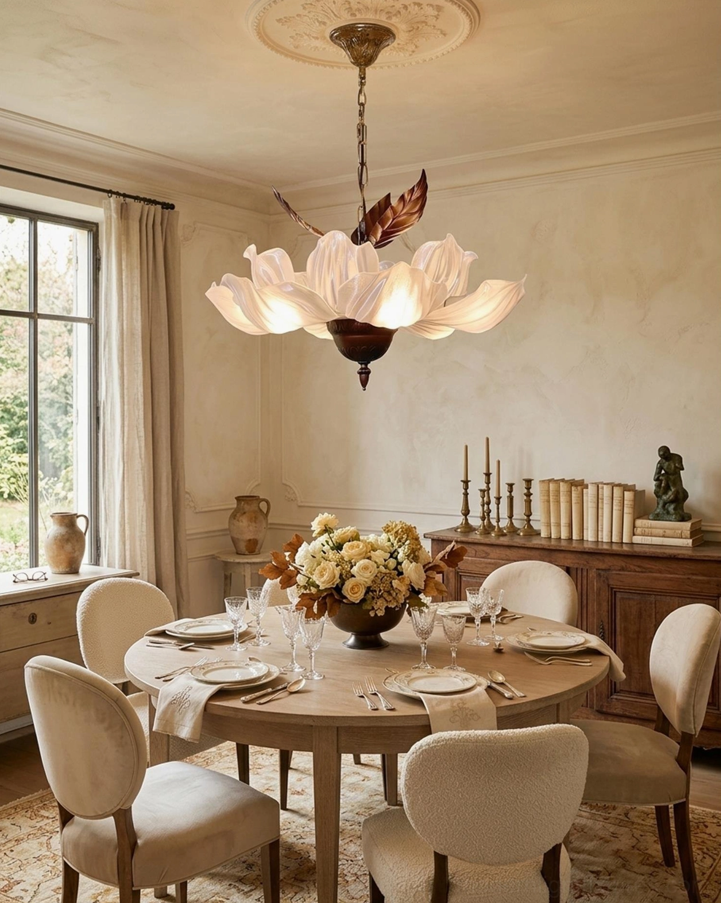 Magnolia Bloom botanical chandelier overhead in French country dining space with table setting
