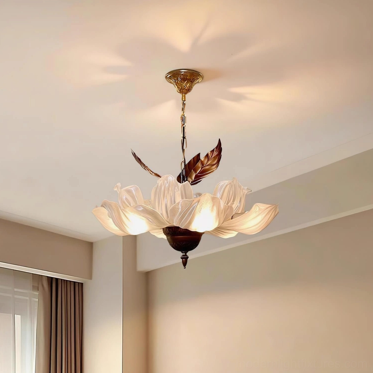 Magnolia Bloom botanical chandelier detailed view showing acrylic petal shades and bronze leaf accents