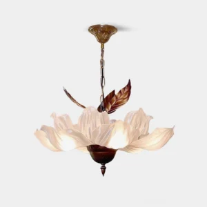 Magnolia Bloom botanical petal chandelier front view with frosted acrylic petals and bronze metal hardware on white background